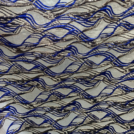Brocart à motif ondulé (Argenté/Bleu-marine) Feryel Tissus